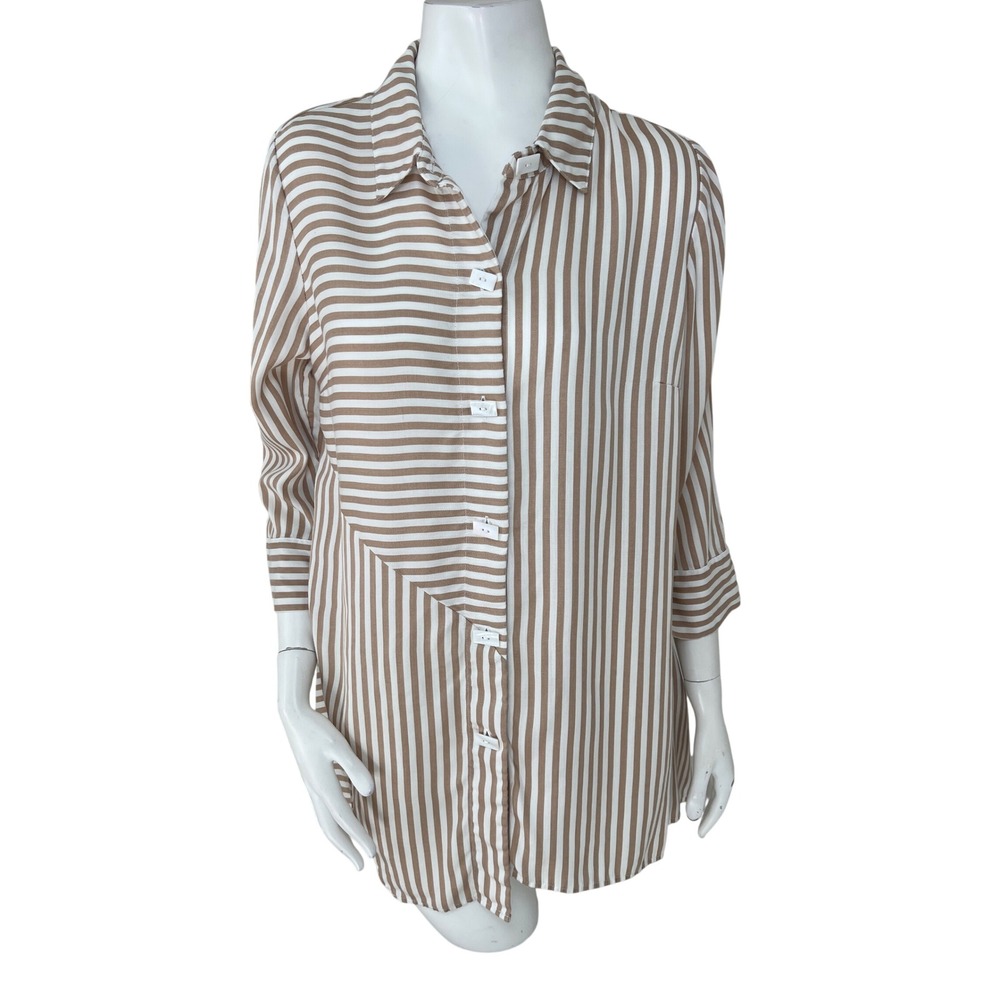 Soft Surroundings On Pointe Tencel Tunic Shirt S Tan White Striped Asymmetrical